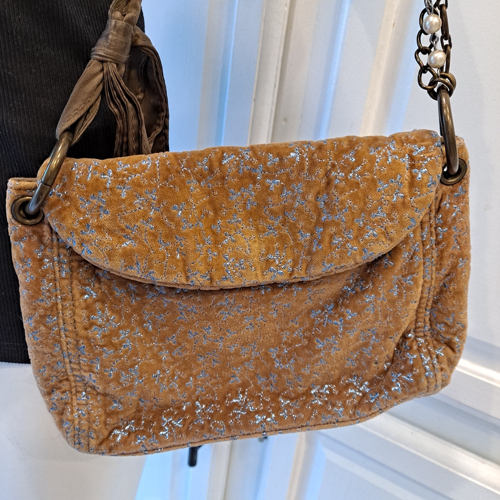 GAP Vintage Tan and Silver Velvet  Shoulder Bag W/Pearl & Ribbon Chain Strap